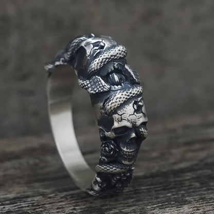 Gothic Coiled Snake Skull Sterling Silver Ring
