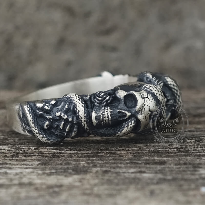 Gothic Coiled Snake Skull Sterling Silver Ring