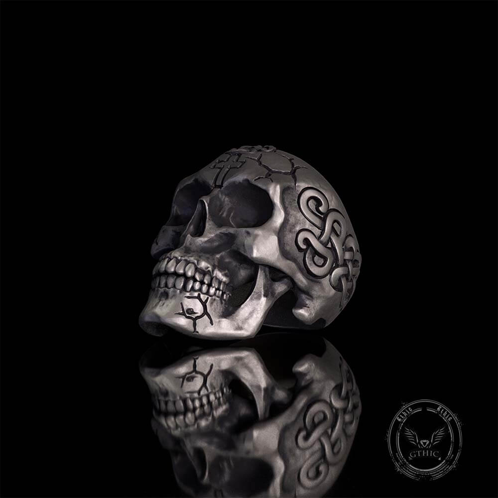 Gothic Cross Celtic Sterling Silver Cracked Skull Ring