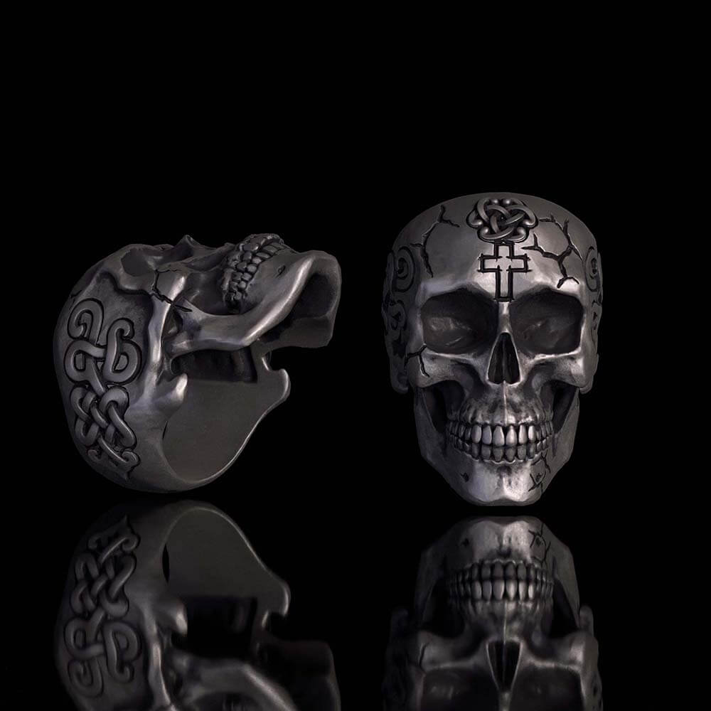 Gothic Cross Celtic Sterling Silver Cracked Skull Ring