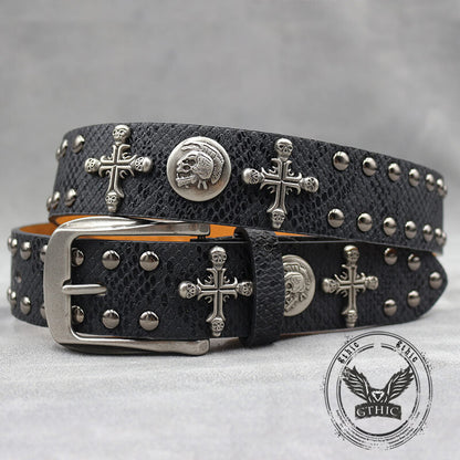 Gothic Cross Skull Rivet Snake Pattern Pu Leather Belt