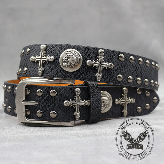 Gothic Cross Skull Rivet Snake Pattern Pu Leather Belt