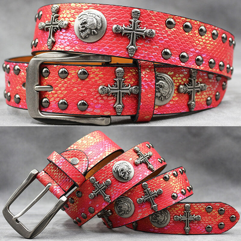 Gothic Cross Skull Rivet Snake Pattern Pu Leather Belt