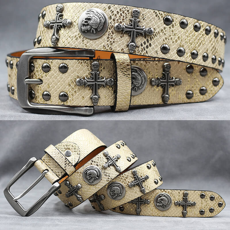 Gothic Cross Skull Rivet Snake Pattern Pu Leather Belt