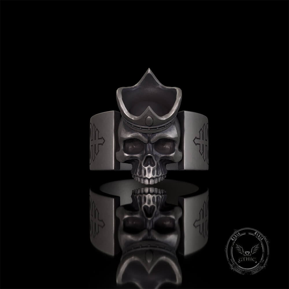 Gothic Crown Skull Leviathan Cross Sterling Silver Ring