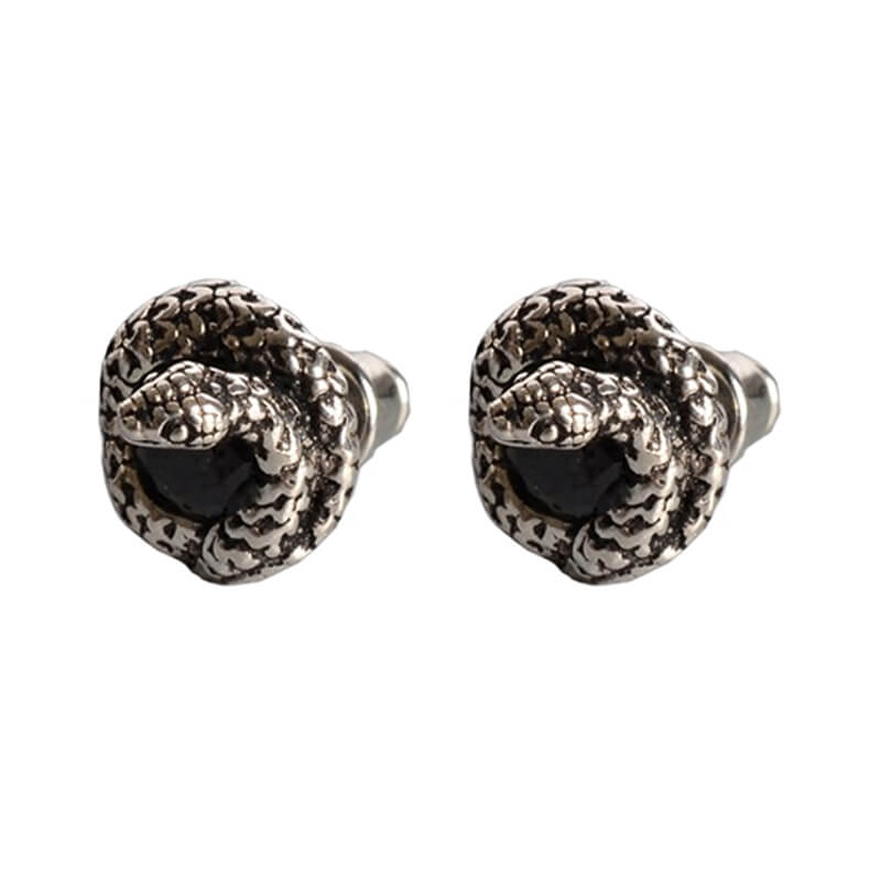 Gothic Curled Snake Zircon Sterling Silver Stud Earrings