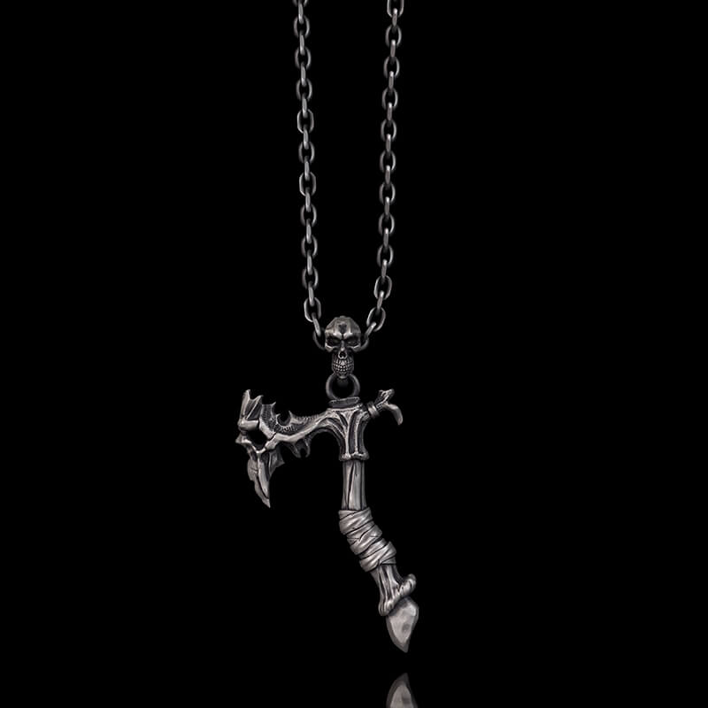 Gothic Demon Axe Sterling Silver Skull Pendant