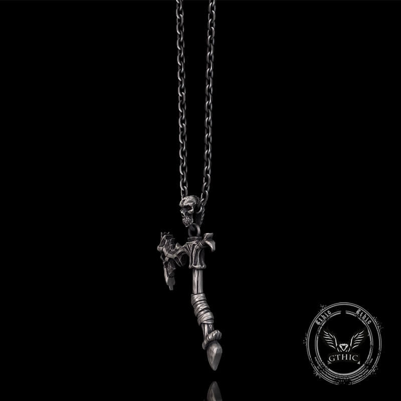 Gothic Demon Axe Sterling Silver Skull Pendant