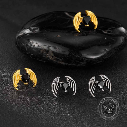 Gothic Devil Wings Heart Zircon Stainless Steel Earrings