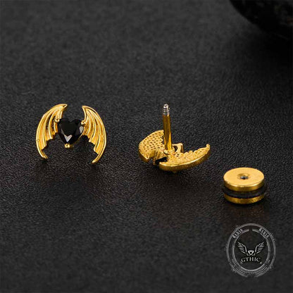 Gothic Devil Wings Heart Zircon Stainless Steel Earrings