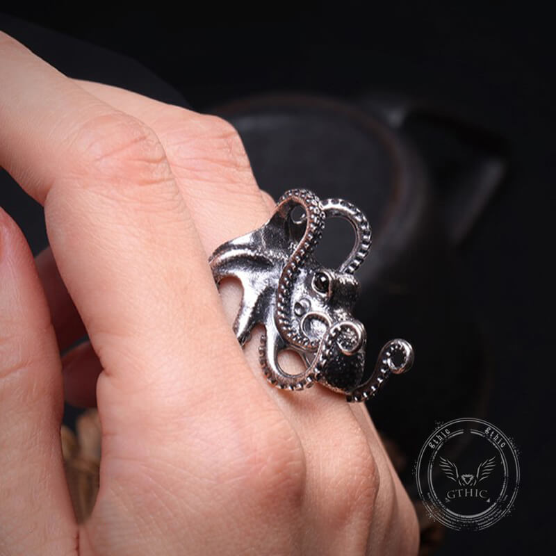Gothic Distressed Octopus Sterling Silver Open Ring