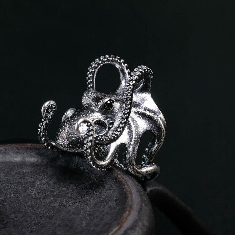 Gothic Distressed Octopus Sterling Silver Open Ring
