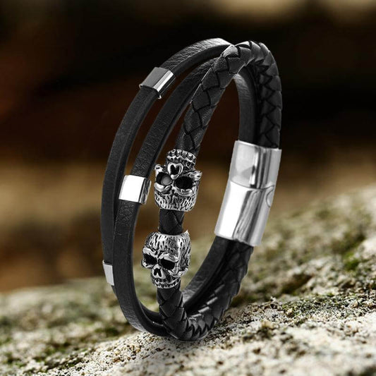 Gothic Double Skull Stainless Steel Leather Bracelet