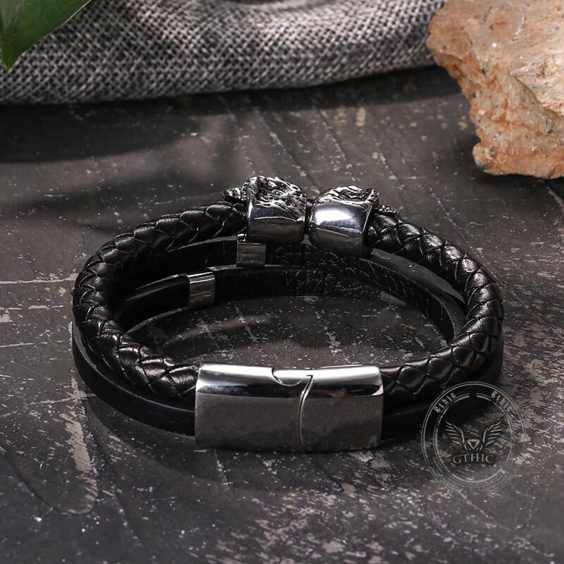 Gothic Double Skull Stainless Steel Leather Bracelet