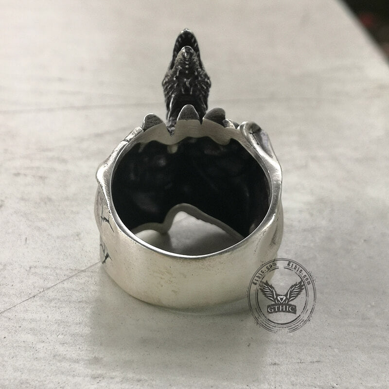 Gothic Flying Dragon Skulls Sterling Silver Ring