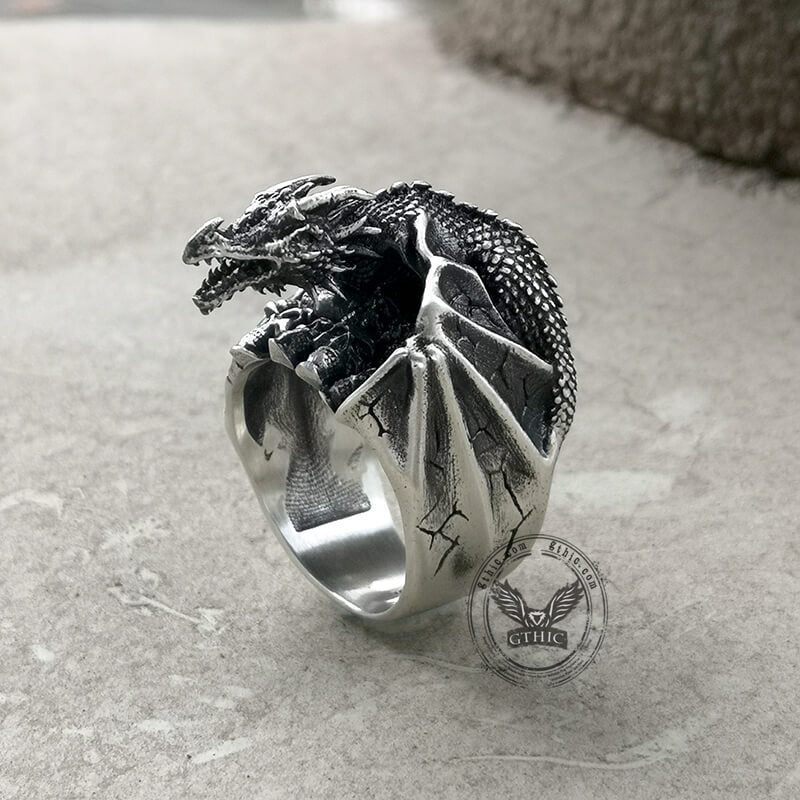 Gothic Flying Dragon Skulls Sterling Silver Ring