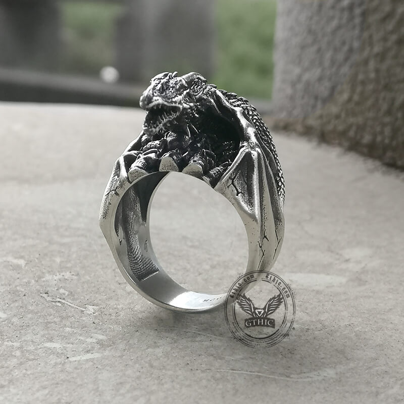 Gothic Flying Dragon Skulls Sterling Silver Ring