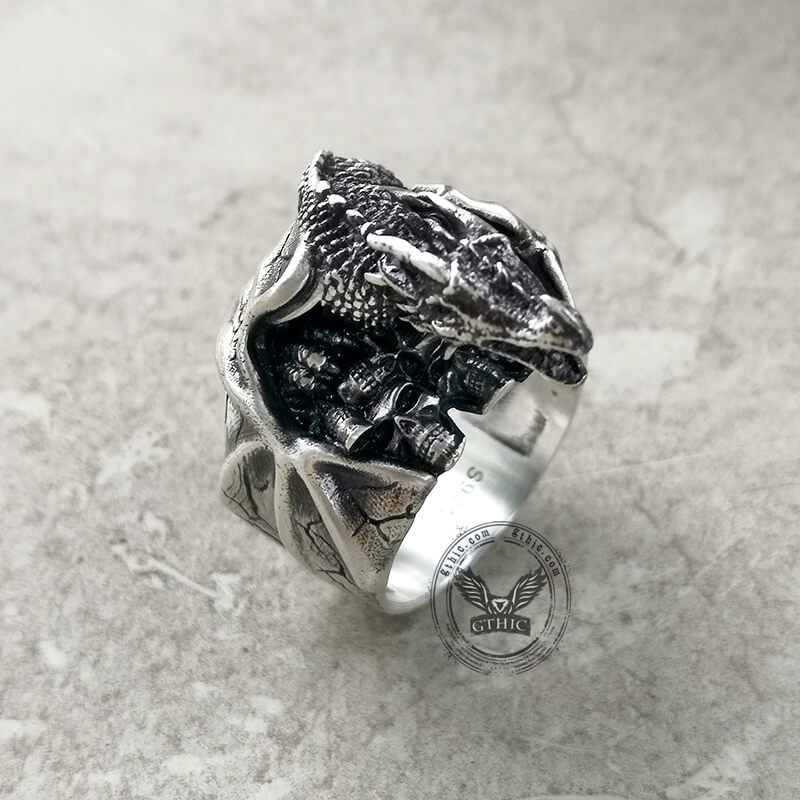 Gothic Flying Dragon Skulls Sterling Silver Ring