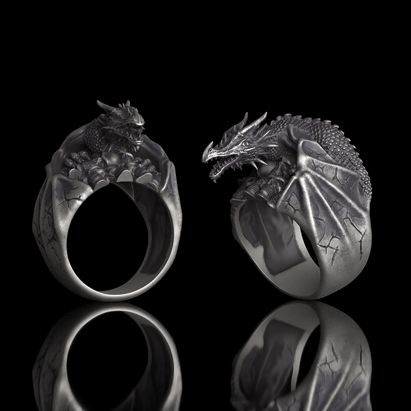 Gothic Flying Dragon Skulls Sterling Silver Ring
