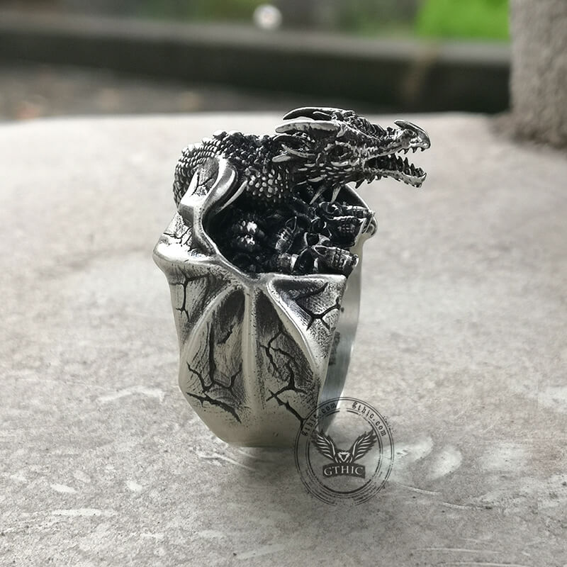 Gothic Flying Dragon Skulls Sterling Silver Ring