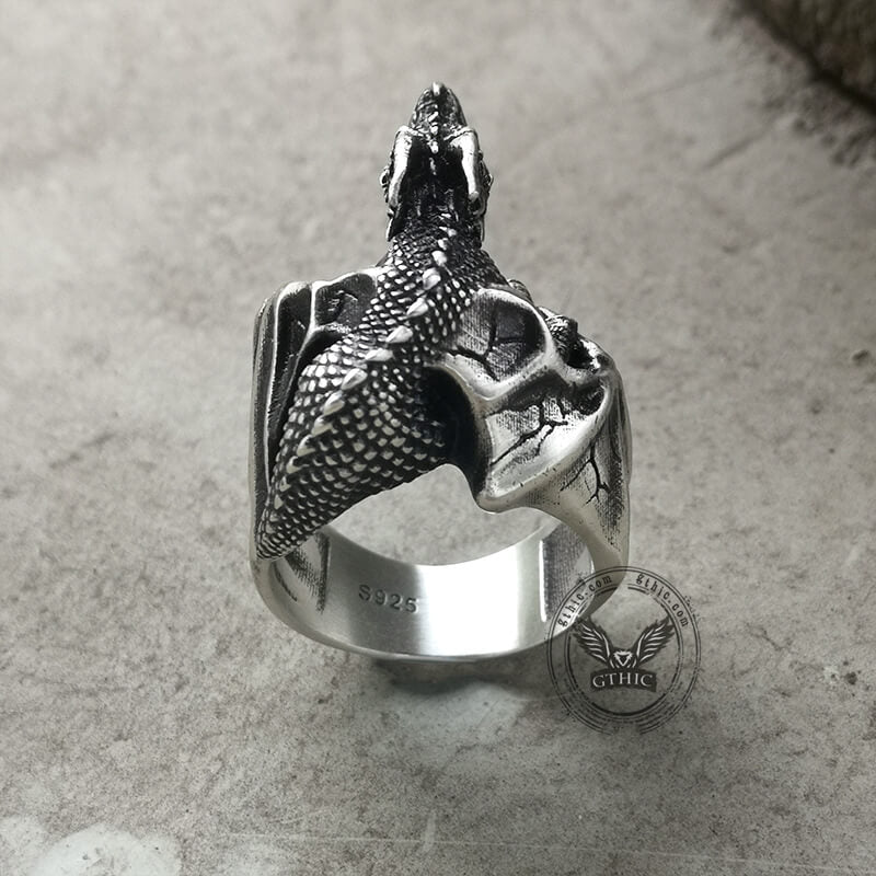 Gothic Flying Dragon Skulls Sterling Silver Ring