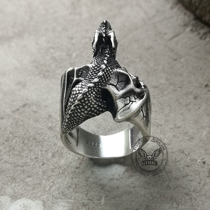 Gothic Flying Dragon Skulls Sterling Silver Ring