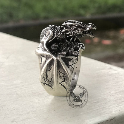 Gothic Flying Dragon Skulls Sterling Silver Ring