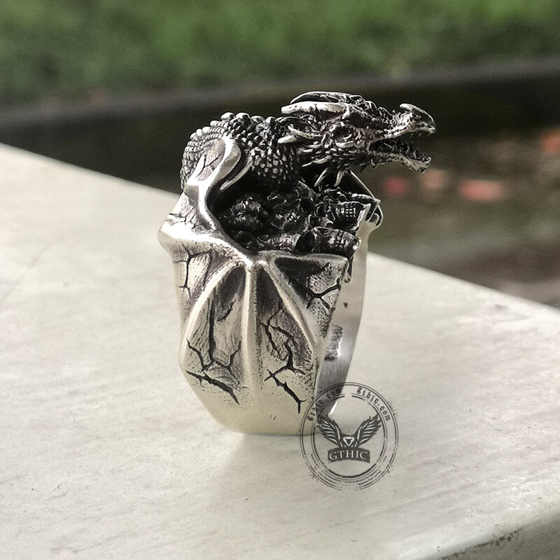 Gothic Flying Dragon Skulls Sterling Silver Ring