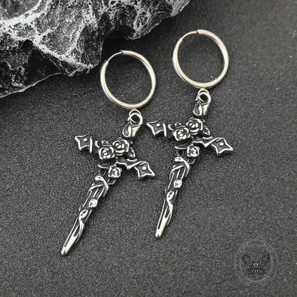 Gothic Forbidden Rose Cross Stainless Steel Hoop Earrings