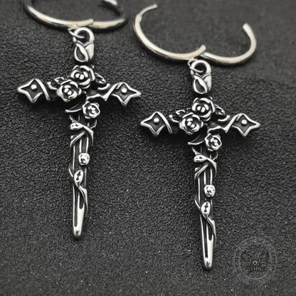 Gothic Forbidden Rose Cross Stainless Steel Hoop Earrings
