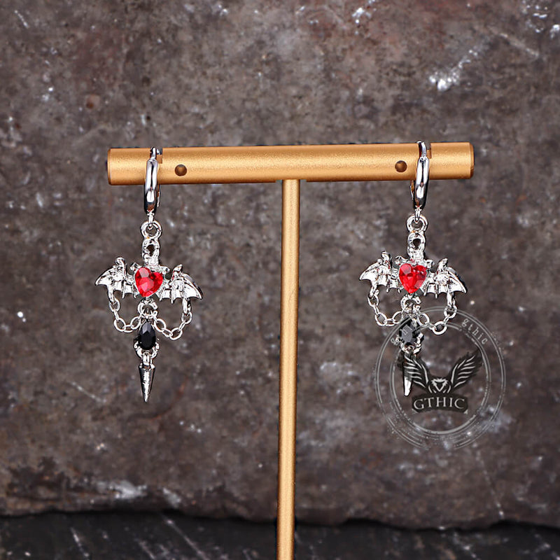 Gothic Gem Heart Bat Zinc Alloy Drop Earrings