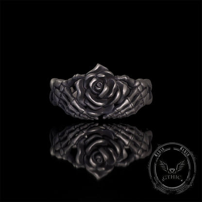 Gothic Heart Skull Hand Holding Rose Sterling Silver Ring