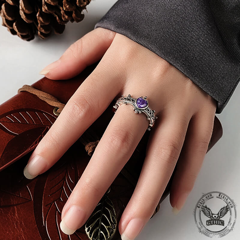 Gothic Heart Zircon Inlaid Crown Sterling Silver Open Ring