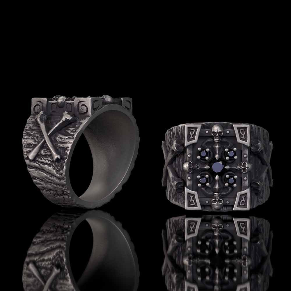 Gothic Multiple Skulls Cross Sterling Silver Zircon Ring