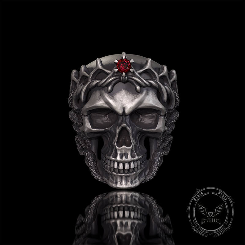 Gothic Octopus Gem Crown Skull Sterling Silver Ring