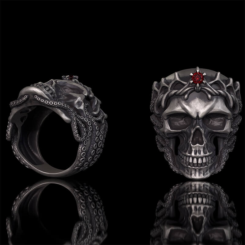 Gothic Octopus Gem Crown Skull Sterling Silver Ring