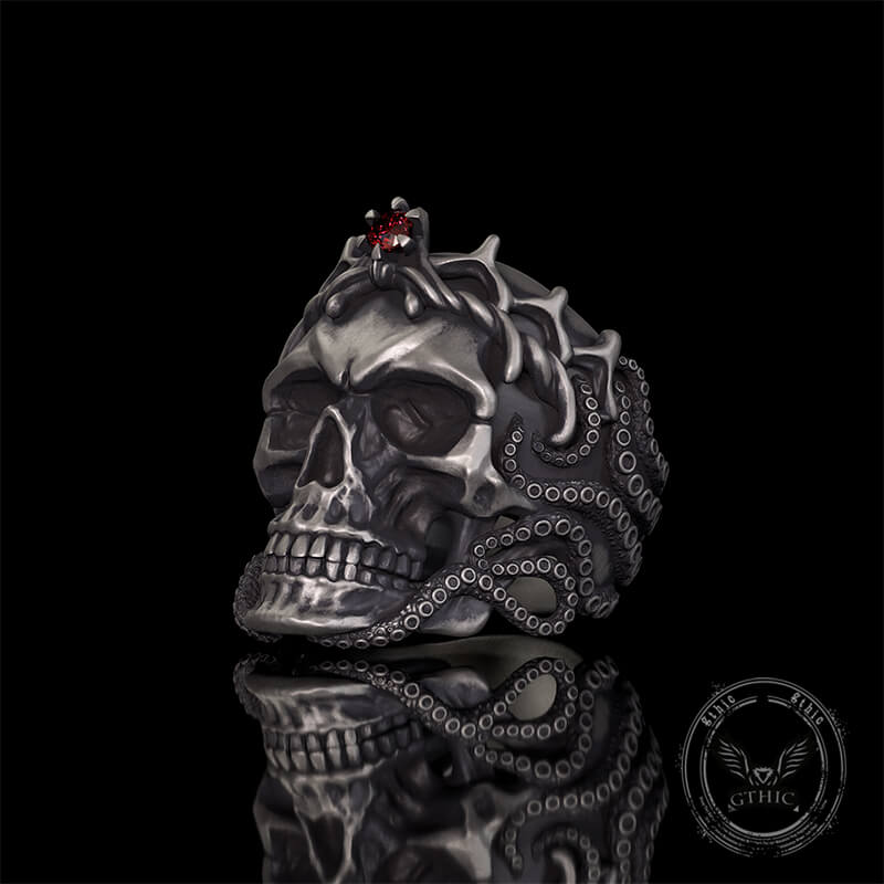 Gothic Octopus Gem Crown Skull Sterling Silver Ring