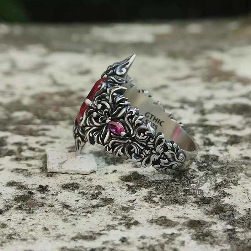 Gothic Pattern Inlaid Red Zircon Sterling Silver Ring