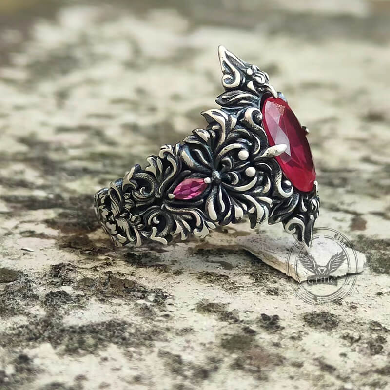 Gothic Pattern Inlaid Red Zircon Sterling Silver Ring