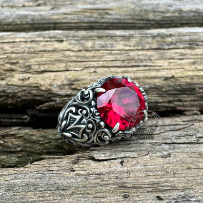 Gothic Pattern Red Zircon Sterling Silver Ring
