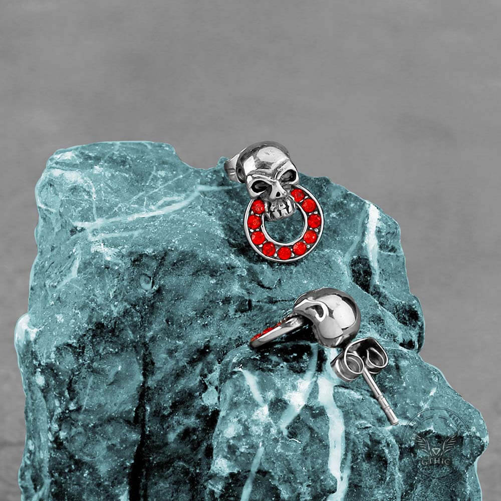 Gothic Red Gem Skull Stainless Steel Stud Earrings