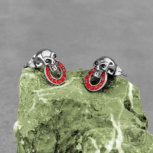 Gothic Red Gem Skull Stainless Steel Stud Earrings