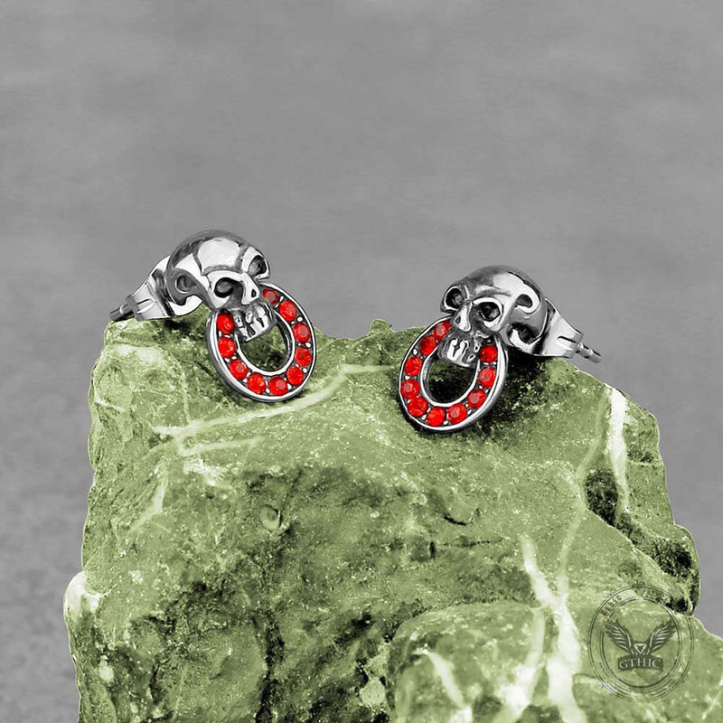 Gothic Red Gem Skull Stainless Steel Stud Earrings