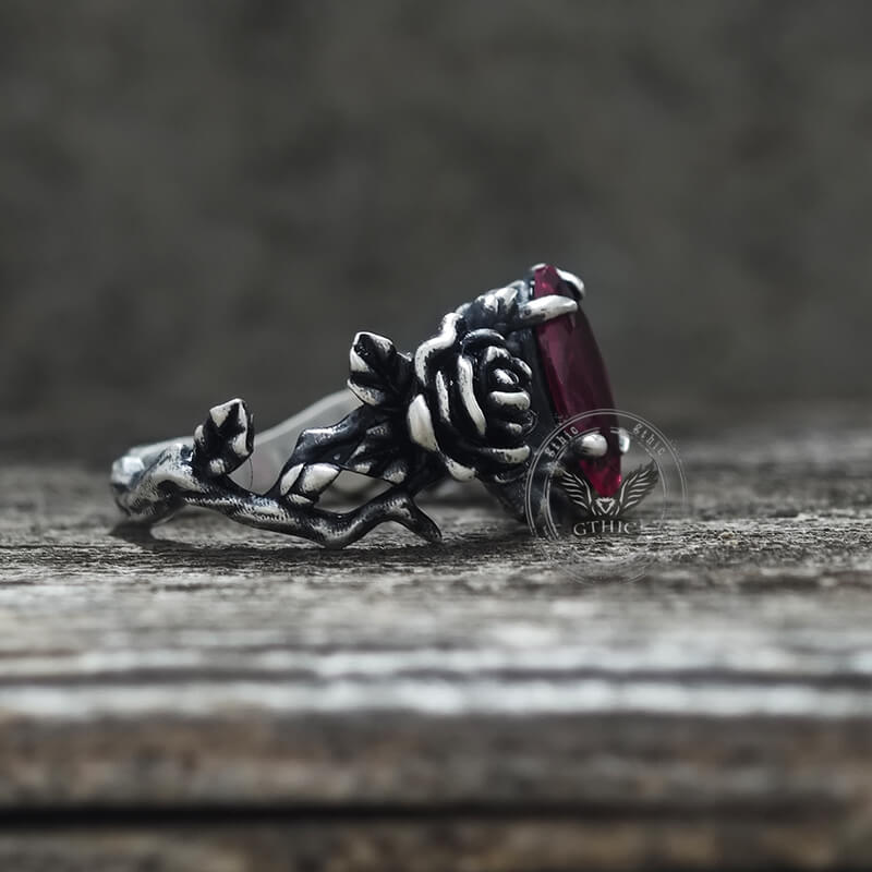 Gothic Rose Red Gemstone Sterling Silver Ring