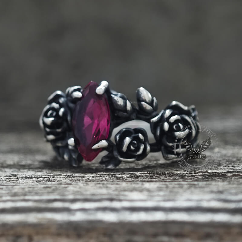 Gothic Rose Red Gemstone Sterling Silver Ring