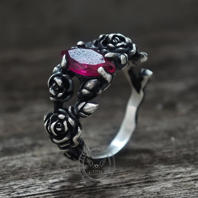 Gothic Rose Red Gemstone Sterling Silver Ring