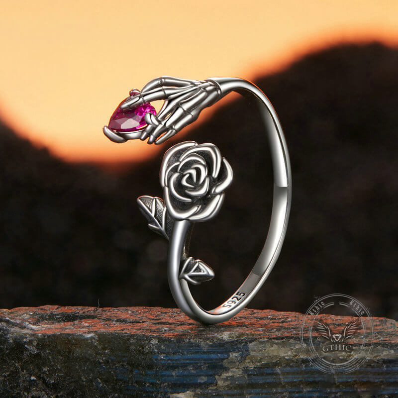 Gothic Rose Skeleton Sterling Silver Open Zircon Ring