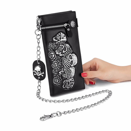 Gothic Rose Skull Bifold Leather Chain Wallet