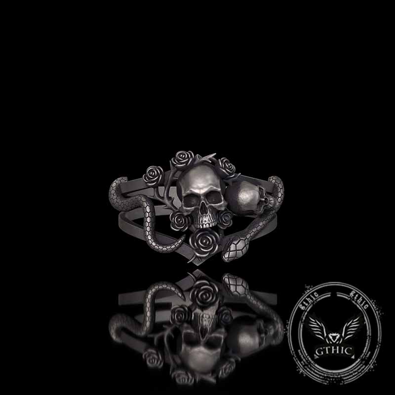 Gothic Rose Skull Snake Entwined Sterling Silver Ring