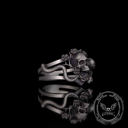 Gothic Rose Skull Snake Entwined Sterling Silver Ring
